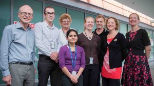 The trial team at Wellington Hospital. L-R: Dr David Abernethy (lead clinical investigator and co-principal investigator), Dr David Bourke, Liz Goode, Dr Eloise Watson, Jonathan Barrett, Imogen Milner and Professor Anne La Flamme. Standing in front, Dr Purwa Joshi.