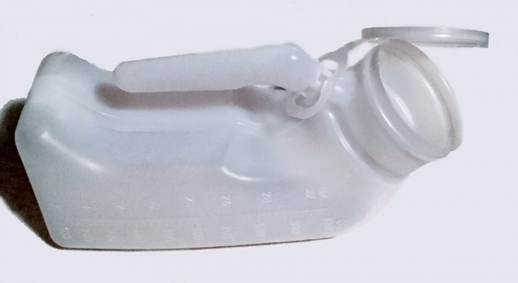 jug for catheterization while laying down with long catheter