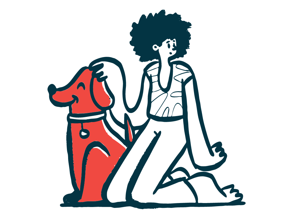 MS Relapse | Multiple Sclerosis News Today | Cartoon woman kneeling and petting a happy dog