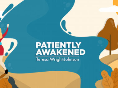 coping with grief | A banner for Teresa's column, which depicts a group of people cheering as they look over a beautiful forest landscape.