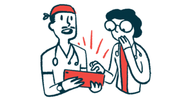 Illustration shows two doctors reacting as they look at a tablet.