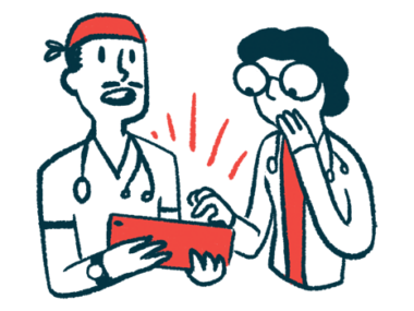 Illustration shows two doctors reacting as they look at a tablet.