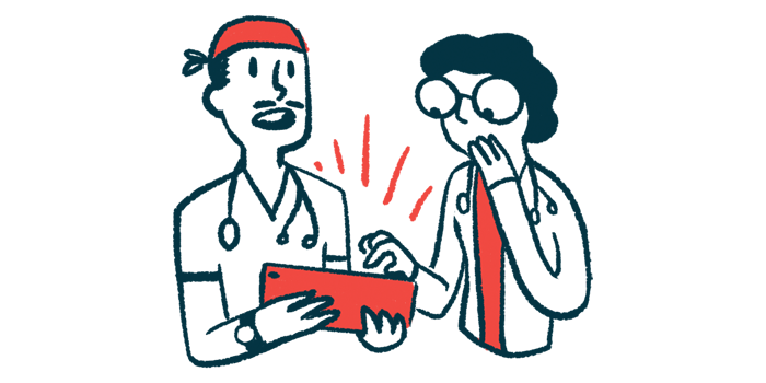 Illustration shows two doctors reacting as they look at a tablet.