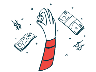 An Illustration of a hand holding a coin surrounded by floating paper money.