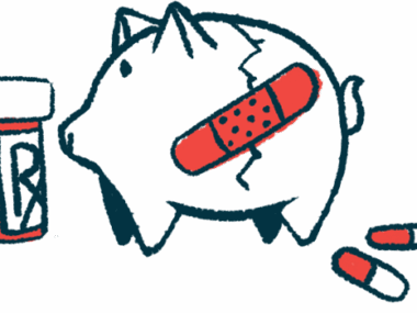 A prescription pill bottle stands next to a cracked piggy bank sporting a large bandage.