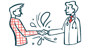 A doctor shakes hands with another person in this handshake illustration.