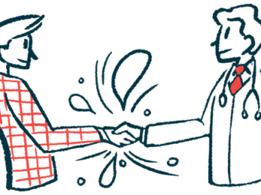 A doctor shakes hands with another person in this handshake illustration.
