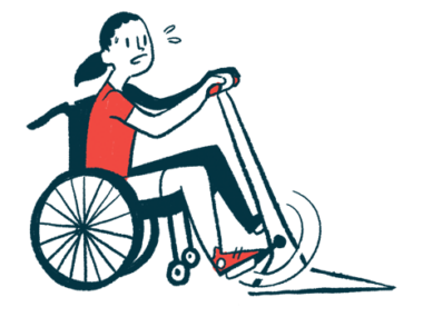 MS and exercise | Multiple Sclerosis News Today | review study of exercise programs | illustration of woman in wheelchair pedaling a fixed bike