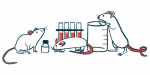 A trio of mice climb in and around a beaker and test tubes in a laboratory.