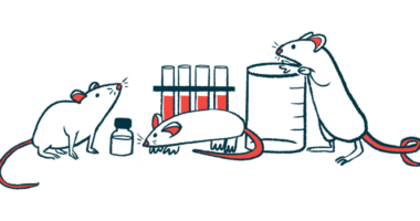 A trio of mice climb in and around a beaker and test tubes in a laboratory.