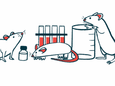 A trio of mice climb in and around a beaker and test tubes in a laboratory.