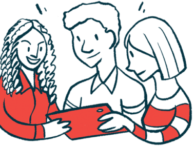 An illustration of three people looking at a tablet's screen.