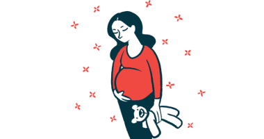 MS pregnancy | Multiple Sclerosis News Today |DMT use with MS and pregnancy risks | illustration of pregnant woman holding teddy bear
