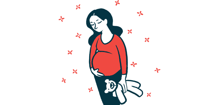MS pregnancy | Multiple Sclerosis News Today |DMT use with MS and pregnancy risks | illustration of pregnant woman holding teddy bear