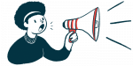 clinical trials | Multiple Sclerosis News Today | woman with megaphone announcement illustration