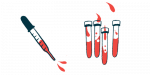 A squirting dropper is shown next to several vials of blood.