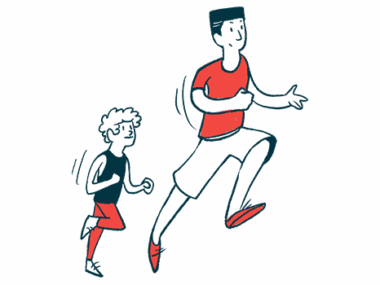 A man and a boy run together in this illustration.