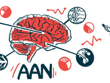 A scientists points to certain highlighted regions of the human brain, appearing above the letters AAN, in an illustration for the American Academy of Neurology Annual Meeting.
