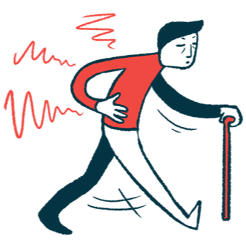 An illustration of a person using a cane and experiencing back pain.