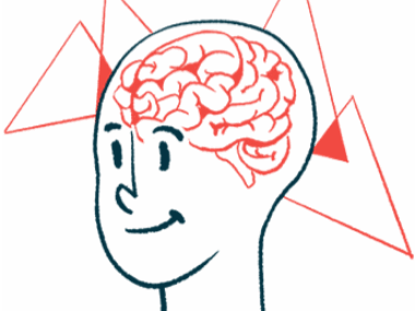 Geometric shapes hover behind an image of a person's brain encased in their head.