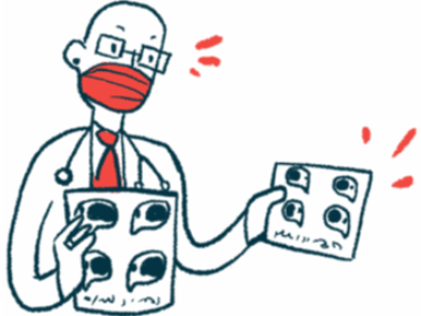 A doctor wearing a mask looks at two brain scans.