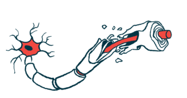 An illustration depicts damaged myelin in multiple sclerosis.