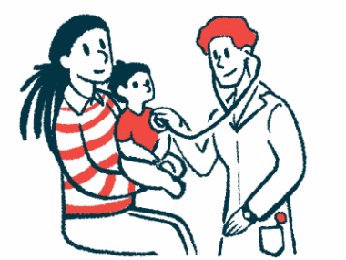 A woman holds a child being examined by a doctor.