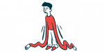 A fatigued person has limp, stretched-out arms that bunch up at his feet.