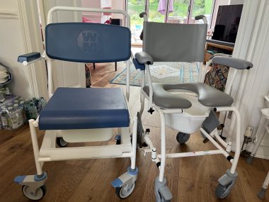 resource utilization | Multiple Sclerosis News Today | A photo shows John's old and new shower chairs side by side.