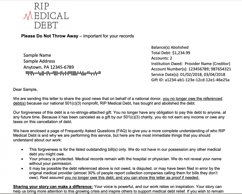 medical debt relief | Multiple Sclerosis News Today | A copy of a sample letter that RIP Medical Debt sends to recipients of its medical debt relief program