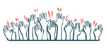 An illustration shows a group of people with raised hands.