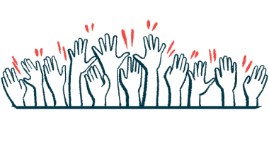 An illustration shows a group of people with raised hands.