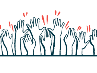 An illustration shows a group of people with raised hands.