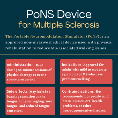 PoNS device for MS | Multiple Sclerosis News Today | infographic outlining administration, indications, side effects and contraindications for PoNS device