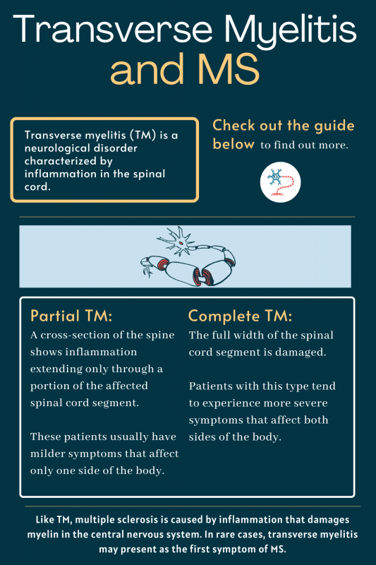 transverse myelitis | Multiple Sclerosis News Today | infographic depicting information about transverse myelitis, including partial TM and complete TM