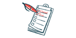 An oversized red pen checks boxes labeled Clinical and Trials on a clipboard's checklist.
