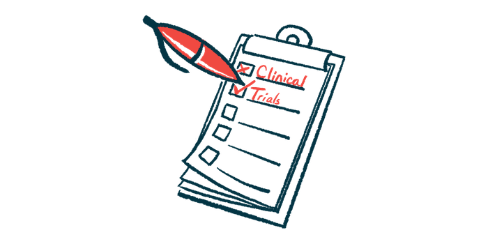 An oversized red pen checks boxes labeled Clinical and Trials on a clipboard's checklist.