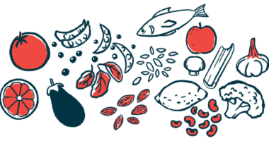 An illustration of a varied diet shows an array of fruits, vegetables, nuts and seeds, and fish.