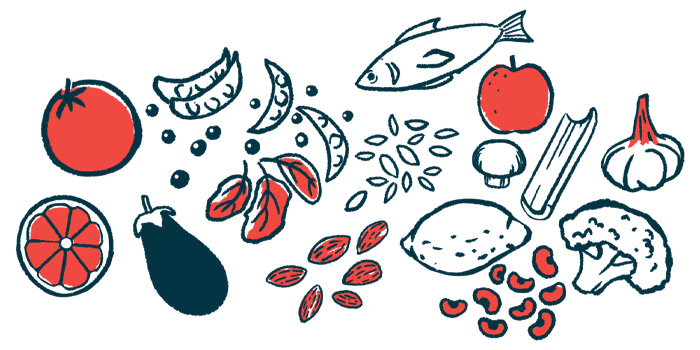An illustration of a varied diet shows an array of fruits, vegetables, seeds and fish.