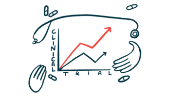 A clinical trial illustration shows a line chart surrounded by hands, a stethoscope, and pills.