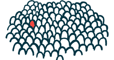 An illustration of one person in red amid black-white crowd.