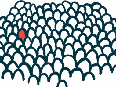 An illustration showing one person in red amid a black-and-white crowd.