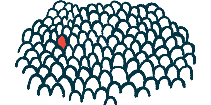 An illustration showing one person in red amid a black-and-white crowd.