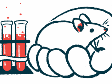 An oversized hand is seen holding a mouse next to a trio of vials in a lab.