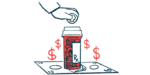 A hand is shown putting money into a medicine bottle in this illustration.