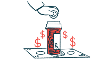 A hand is shown putting money into a medicine bottle that's surrounded by dollar signs.