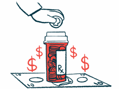 A hand is shown putting money into a medicine bottle that's surrounded by dollar signs.