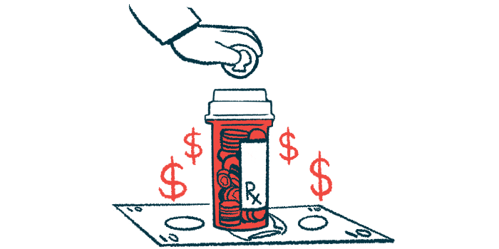 A hand is shown putting money into a medicine bottle that's surrounded by dollar signs.