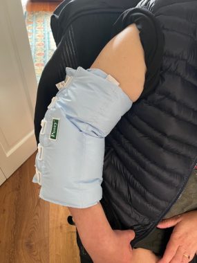 secondary progressive ms | Multiple Sclerosis News Today | A close-up of John's right arm with his new splint, which covers just below and above his elbow