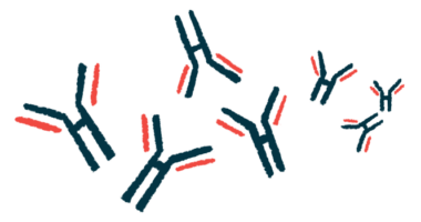 An illustration shows a close-up view of antibodies floating together.